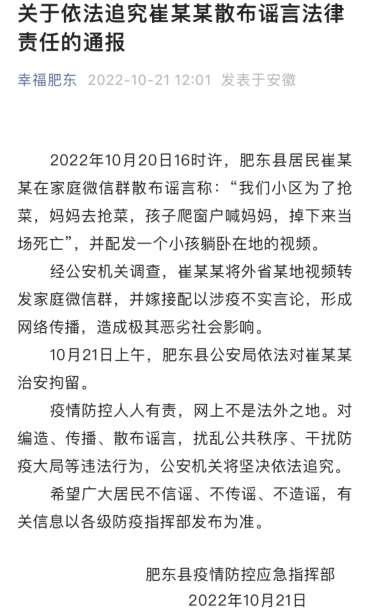 合肥1人造谣为抢菜有孩子坠亡被拘
