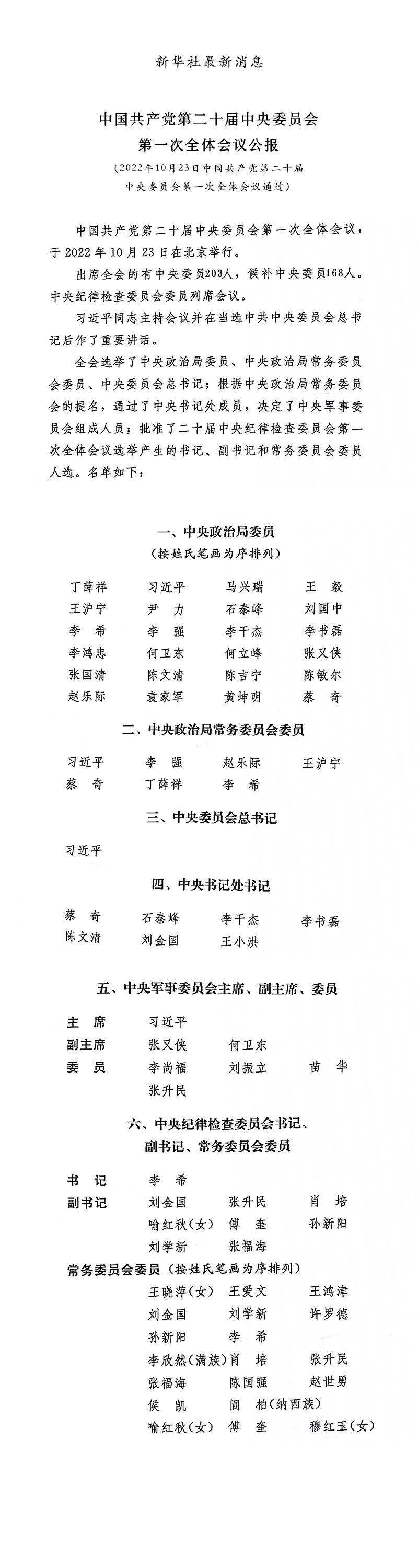新一届中央政治局常委名单